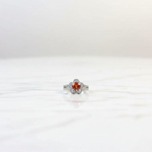 Ruby flower halo zircon silver adjustable statement ring with pavé band