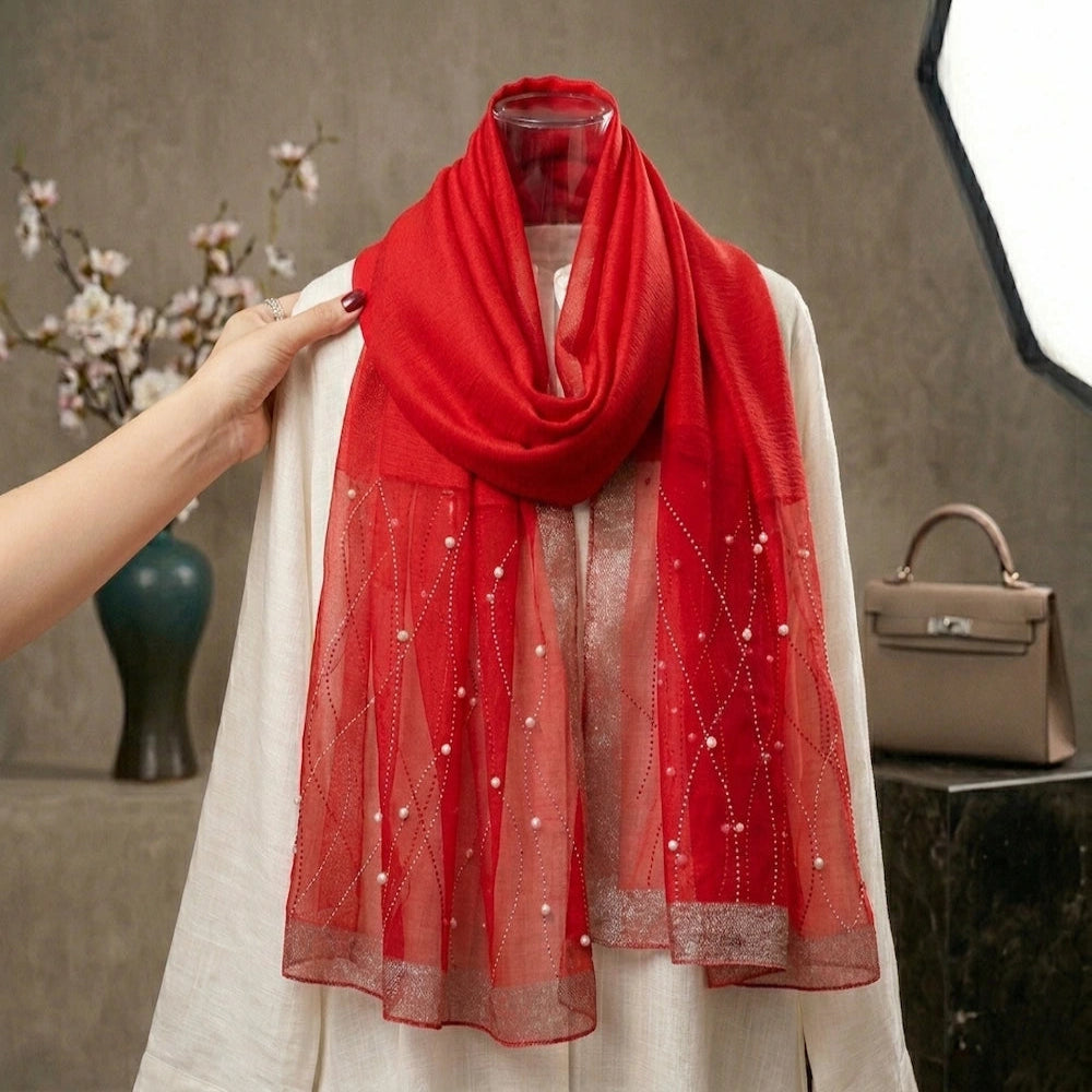 Red pearl embellished organza hijab for weddings and festive luxury styling