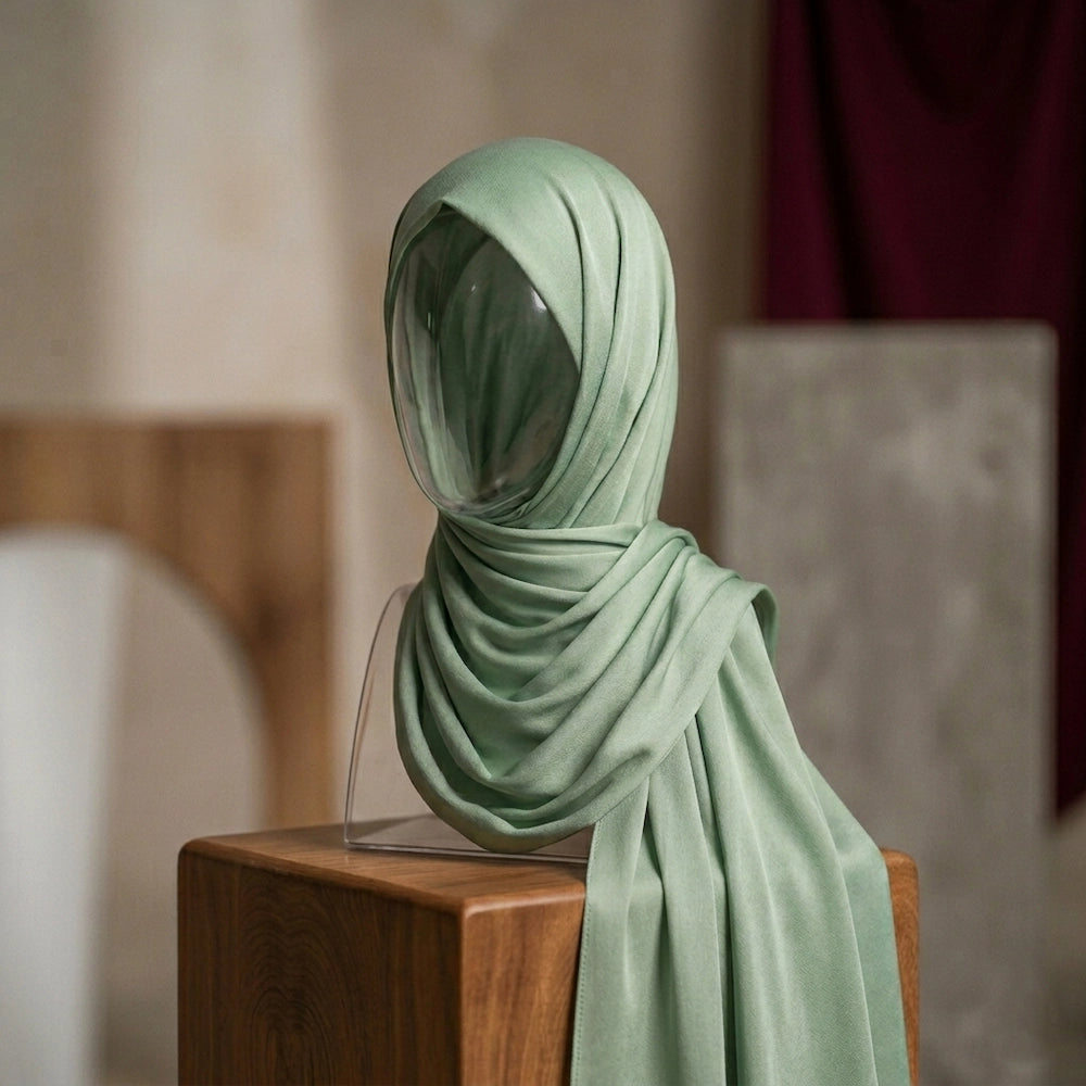 Sage green silk hijab with soft glow elegant drape