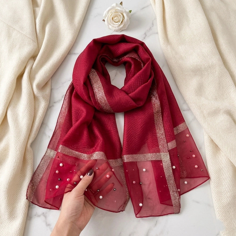 Luxury scarlet organza hijab with pearl embellishments and metallic border from Imperial Pearl Organza collection