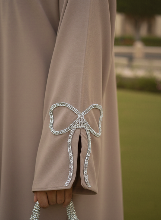 Latte Beige Abaya with Silver Bow Sleeves