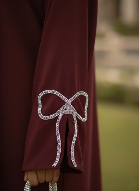 Rosewood Abaya with Silver Bow Sleeves