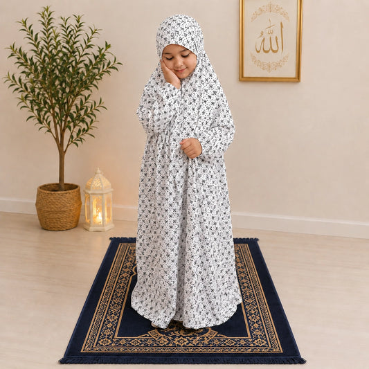 Full White Printed Bow Kids Namaz Chaddar for Girls with Elastic Sleeves