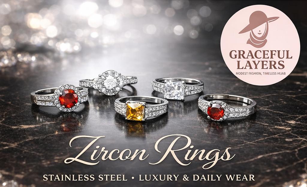 Luxury stainless steel zirconia rings collection with red, yellow and white stones – anti tarnish daily wear and Eid party rings for women