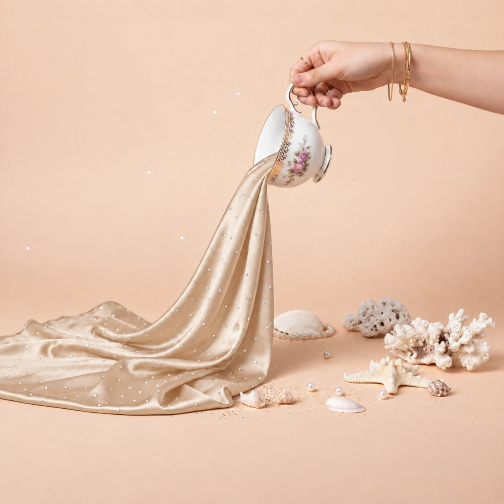 Champagne silk rhinestone hijab with silver stone detailing