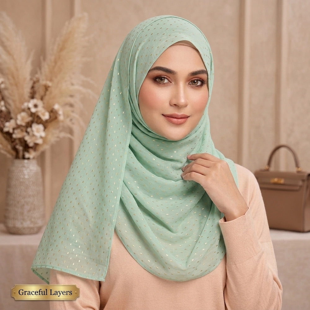 Sea foam lawn hijab with gold rectangle light breathable summer hijab
