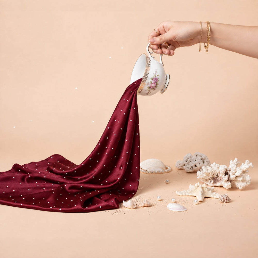Maroon silk rhinestone hijab with silver stone detailing