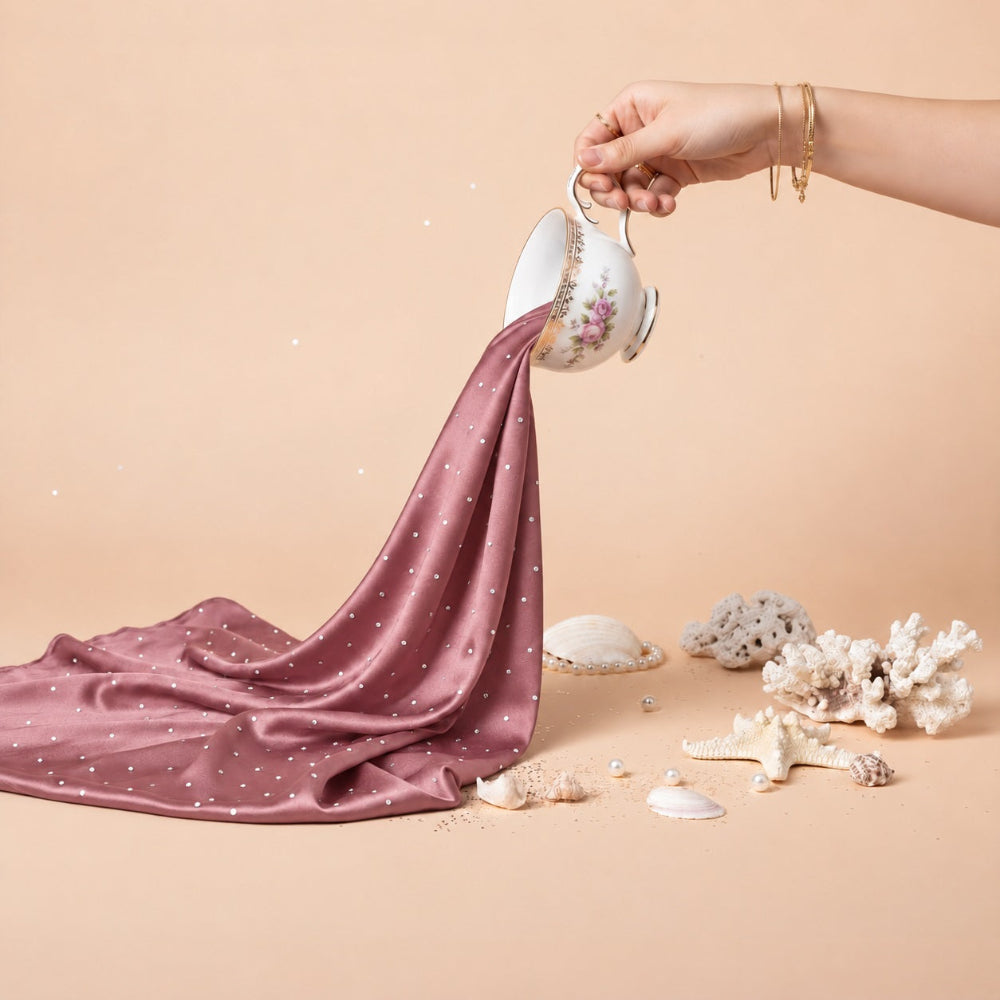 Dusty rose silk rhinestone hijab with silver stone detailing