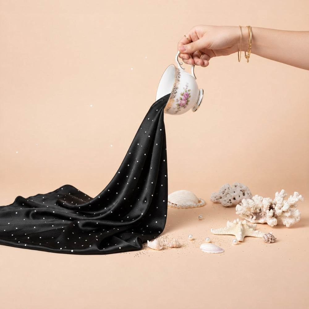 Black silk rhinestone hijab with silver stone detailing