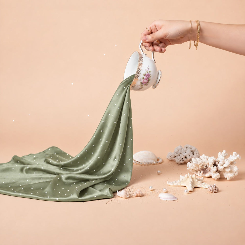 Sage green silk rhinestone hijab with silver stone detailing