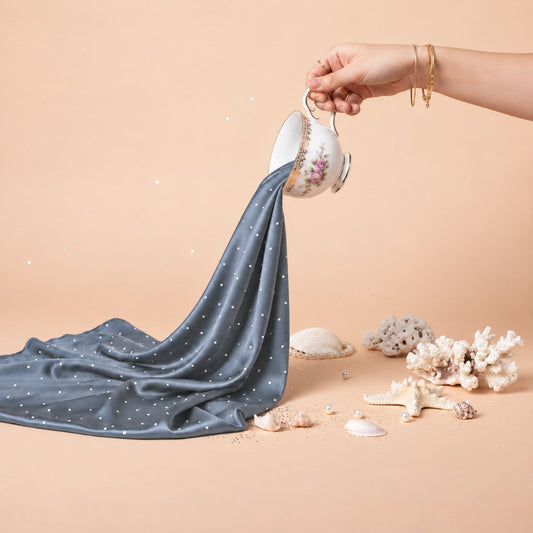 Grey silk rhinestone hijab with silver stone detailing
