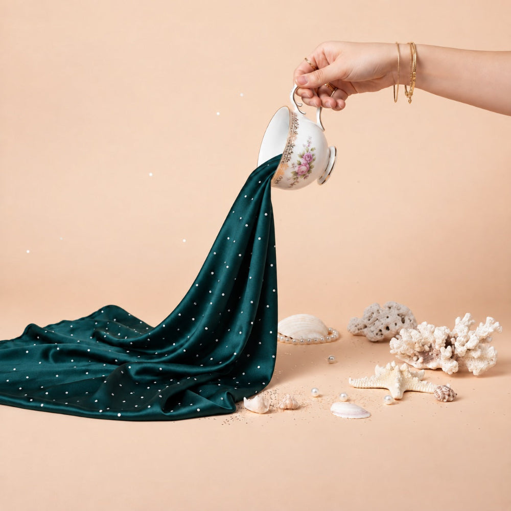 Teal green silk rhinestone hijab with silver stone detailing