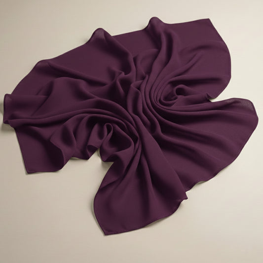 Aubergine georgette hijab fabric flat lay highlighting airy premium texture