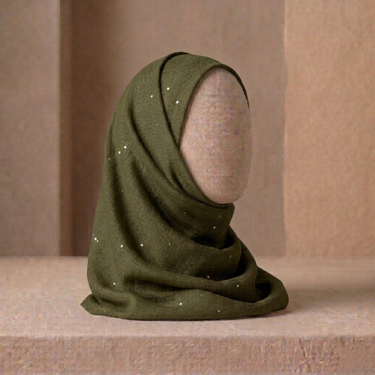 olive green sequin lawn hijab elegant modest scarf
