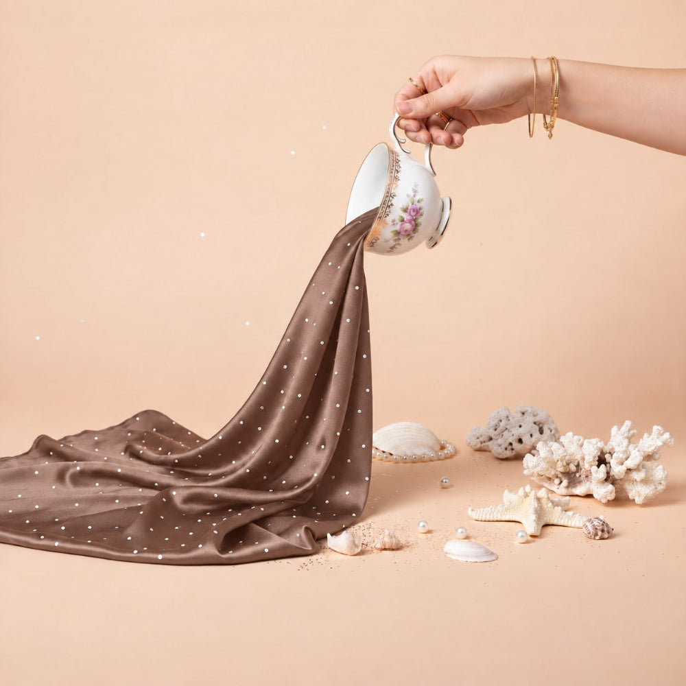Taupe silk rhinestone hijab with silver stone detailing