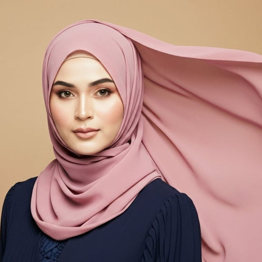 Woman wearing orchid georgette hijab with elegant pastel pink purple tone