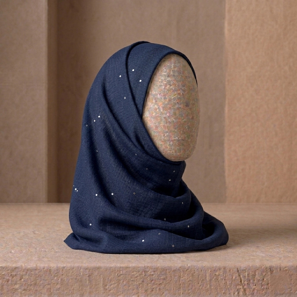 navy blue sequin lawn hijab elegant modest scarf with shimmer
