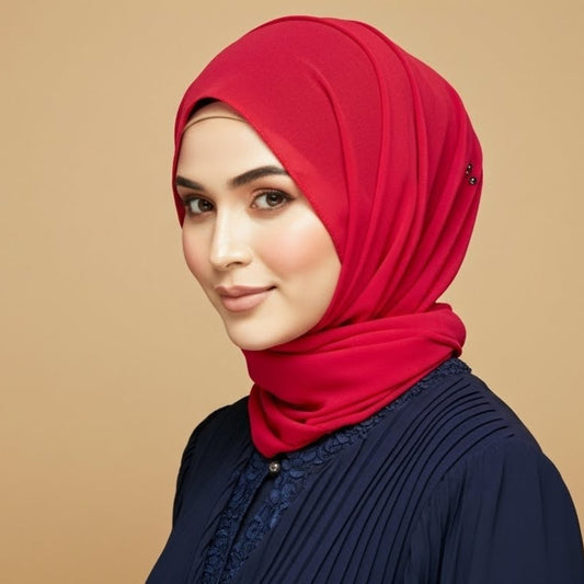 Model wearing crimson glow georgette hijab with bold rich color and flowy drape