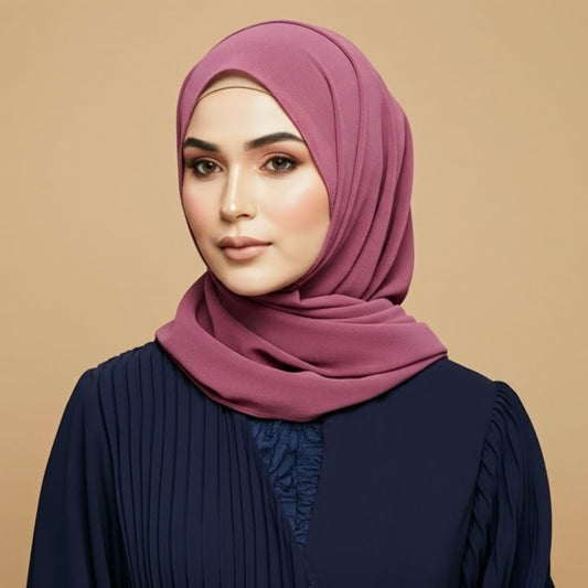 Woman wearing old mauve georgette hijab styled softly with muted elegant tone