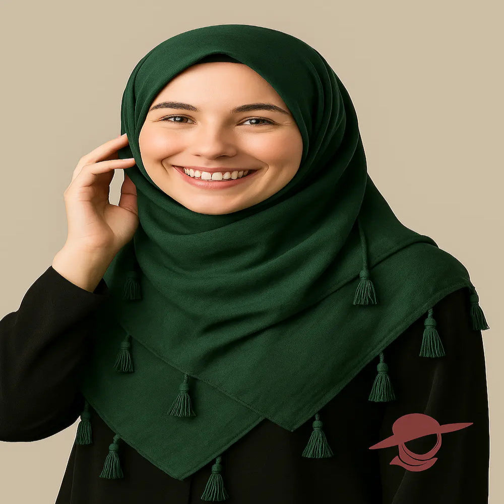 Emerald lawn tassels hijab lightweight breathable modest scarf with tassel edges Graceful Layers
