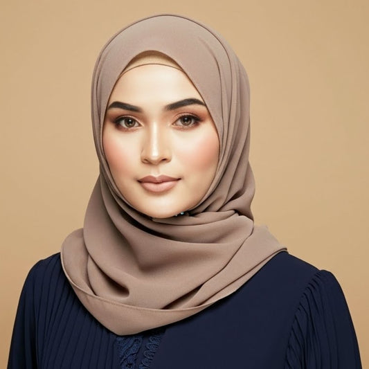 Woman wearing dark beige georgette hijab styled for neutral modest elegance