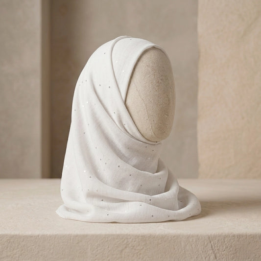 white sequin lawn hijab lightweight modest scarf with soft shimmer
