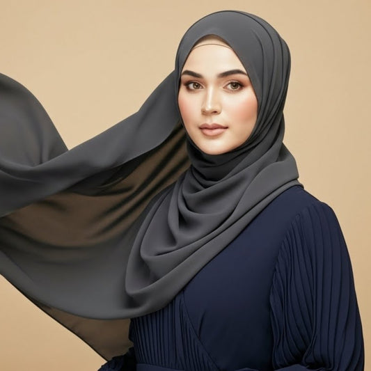 Woman wearing charcoal grey georgette hijab with refined modest styling