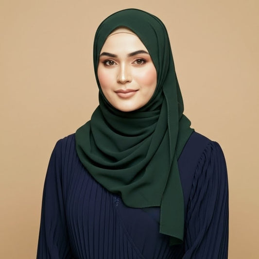Model wearing bottle green georgette hijab with deep elegant tone