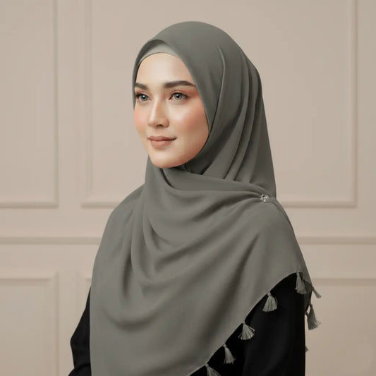 Charcoal grey lawn tassels hijab lightweight breathable modest scarf with tassel edges Graceful Layers