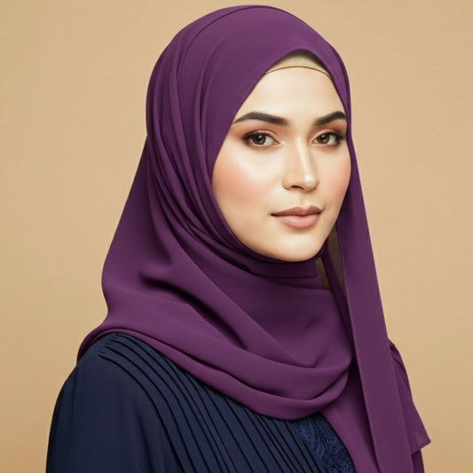 Model wearing brinjal purple georgette hijab with rich bold tone