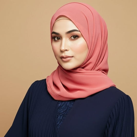 Woman wearing light coral georgette hijab with soft warm pastel tone