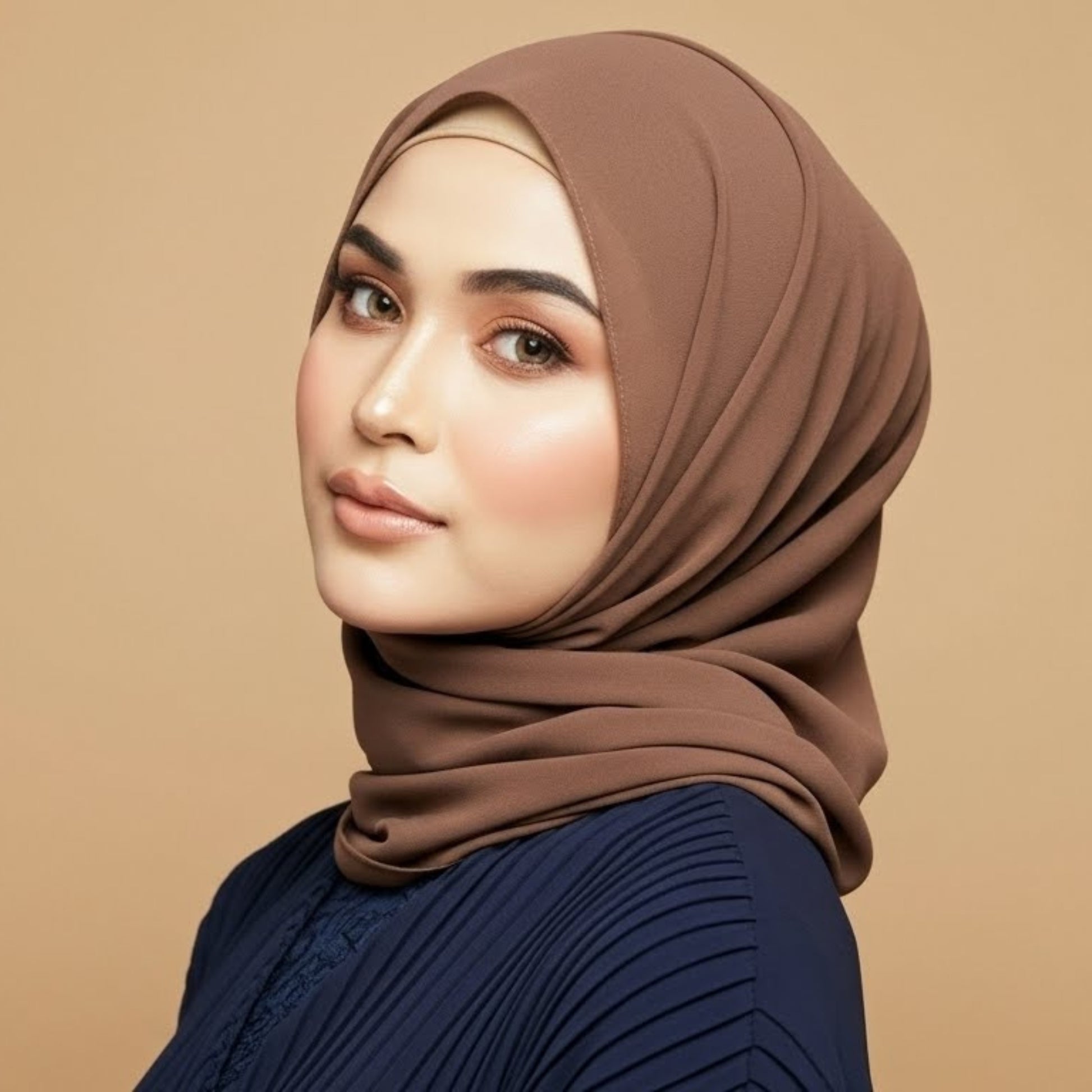 Woman wearing spicy coffee georgette hijab with warm brown undertones
