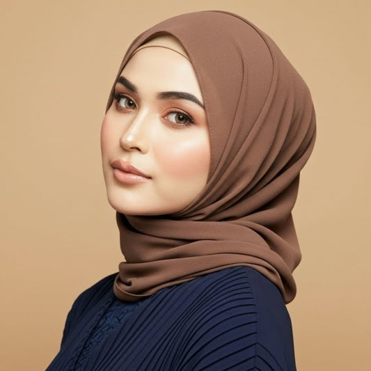 Woman wearing spicy coffee georgette hijab with warm brown undertones