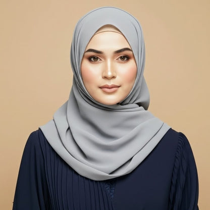 Model wearing slate gray georgette hijab with modern minimalist styling
