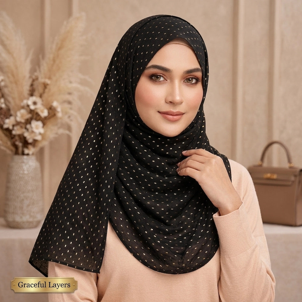 Black lawn hijab with golden rectangle pattern lightweight breathable elegant drape
