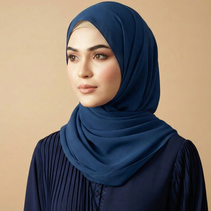 Model wearing blush gray georgette hijab styled with muted elegance