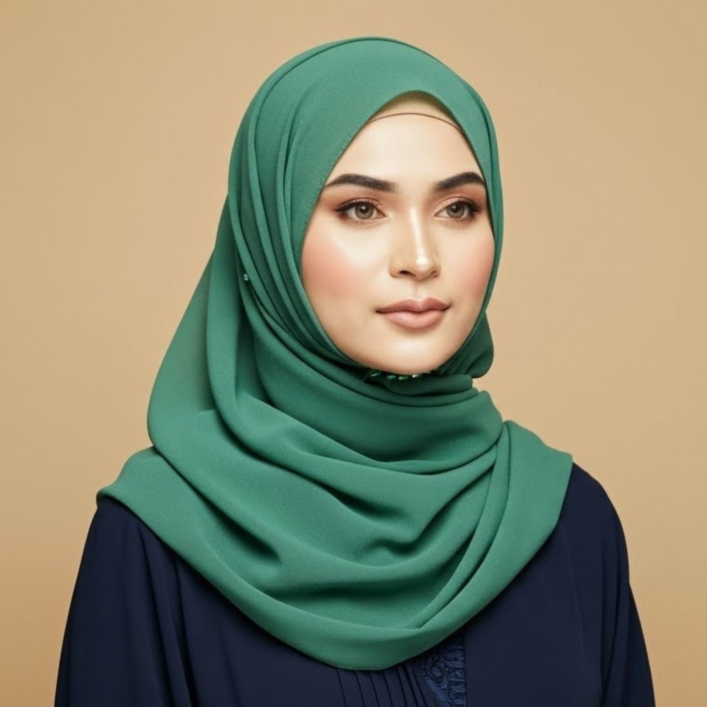 Model wearing spring green georgette hijab with fresh vibrant tone