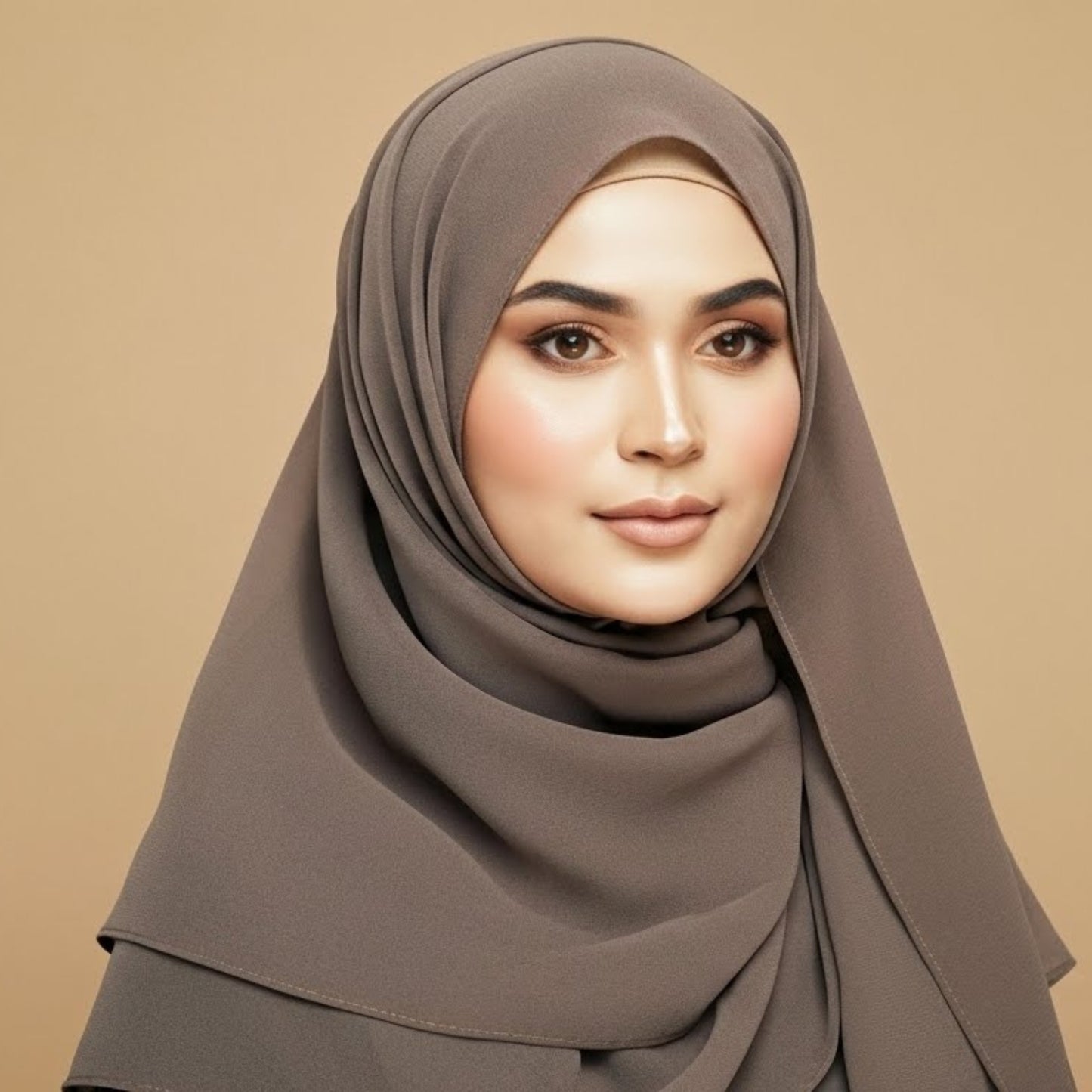 Woman wearing ash brown georgette hijab styled with soft earthy elegance
