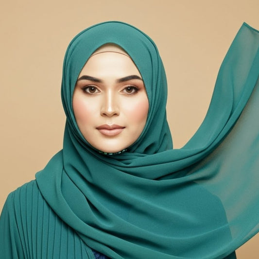 Woman wearing viridian georgette hijab with rich green tone