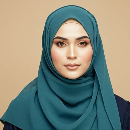 Model wearing midnight aqua georgette hijab with deep cool-toned elegance
