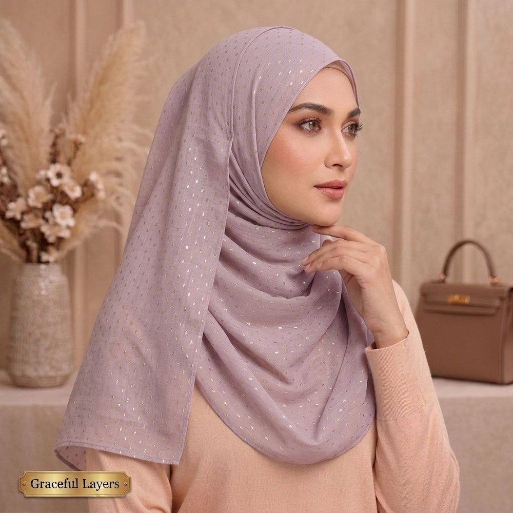 Light purple lawn hijab with gold rectangle soft elegant breathable hijab
