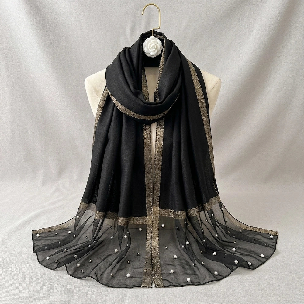 Luxury black organza hijab with pearl embellishments and metallic border from Imperial Pearl Organza collection
