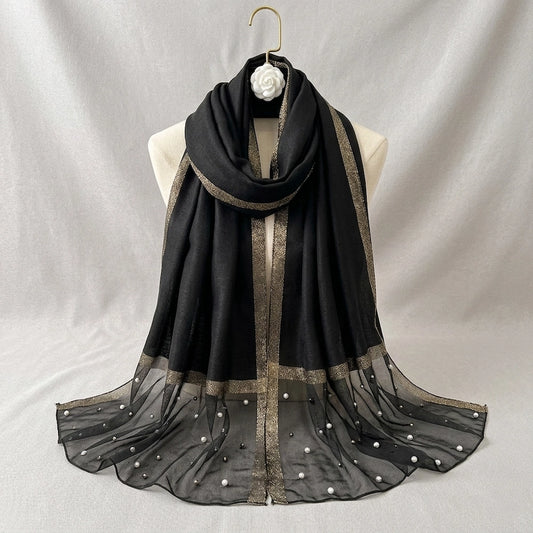 Luxury black organza hijab with pearl embellishments and metallic border from Imperial Pearl Organza collection
