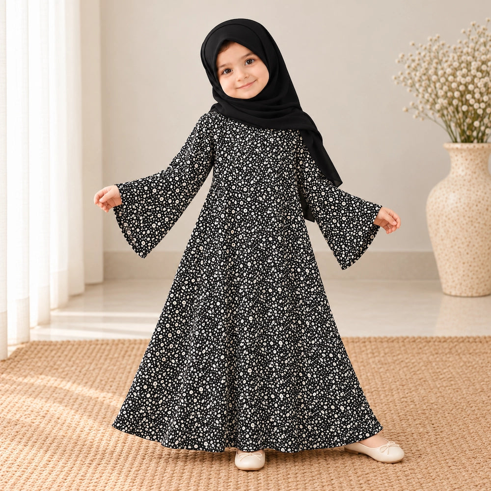 Black kids abaya with a subtle all-over light micro print