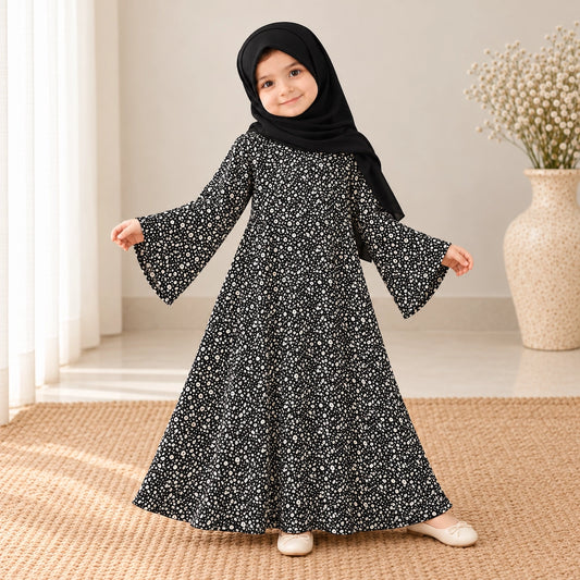 Black kids abaya with a subtle all-over light micro print