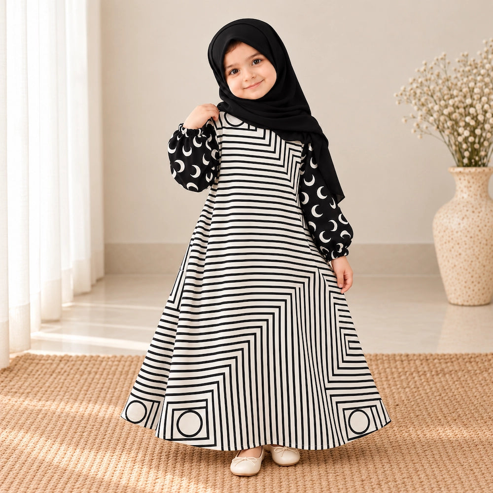 Black and white striped girls’ abaya with contrasting crescent-print sleeves