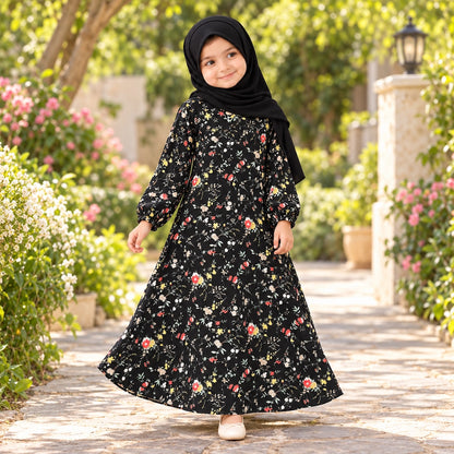 Black crepe chiffon kids abaya with scattered colorful flowers and elasticated cuffs