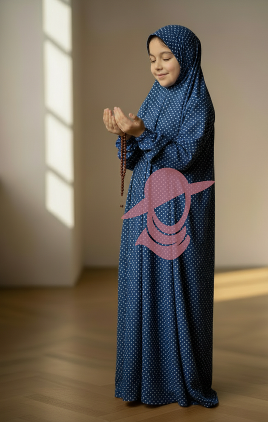 One-Piece Prayer Dress with Sleeves - Blue Polka Dots (Age 7-12 Years)