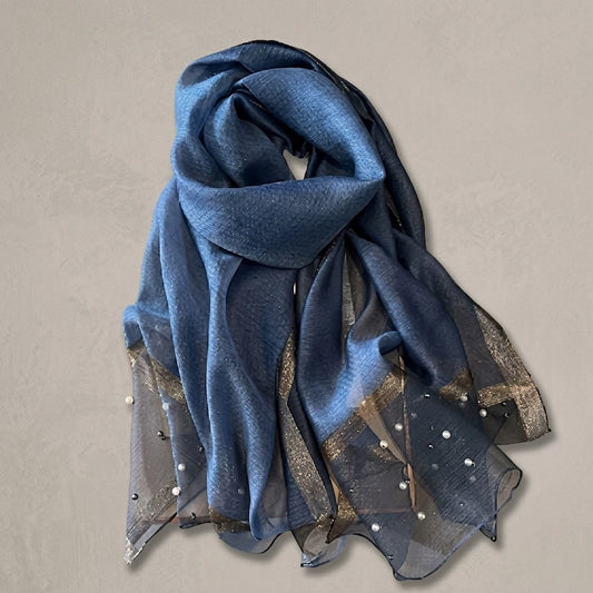 Bright blue organza hijab with pearl embellishments and metallic border from Imperial Pearl Organza hijab collection
