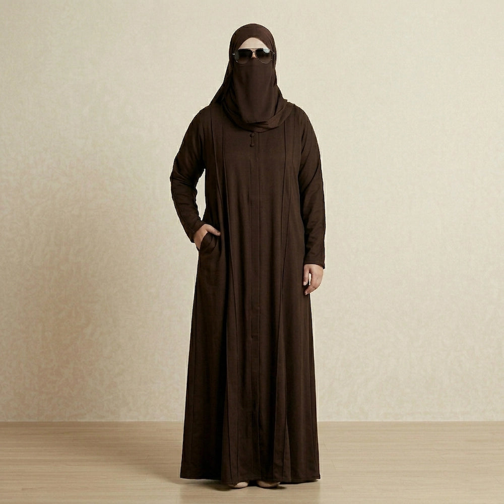 Coffee Brown Front Open TikTok Fabric Abaya With Zip Pocket | Summer Abaya